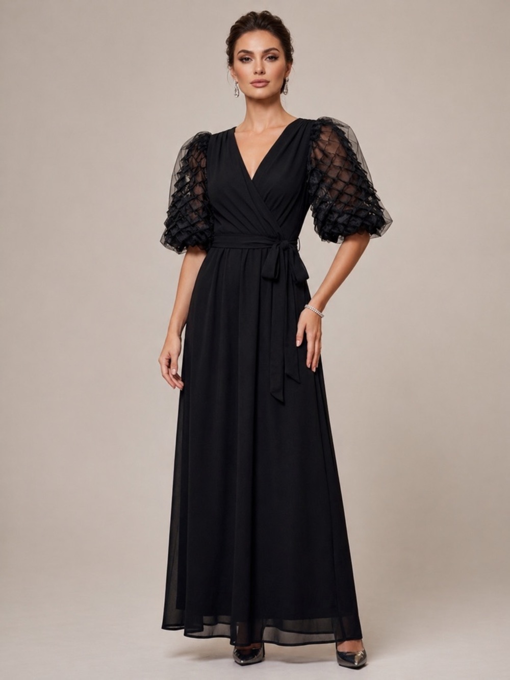 VTG Miss Elliette California Black Maxi Dress Sheer Textured Puff Sleeve